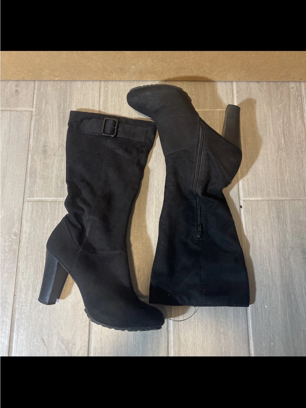 Dexter Women’s Black Suede Knee High Block Heel Boots Size 10 Zip Buckle